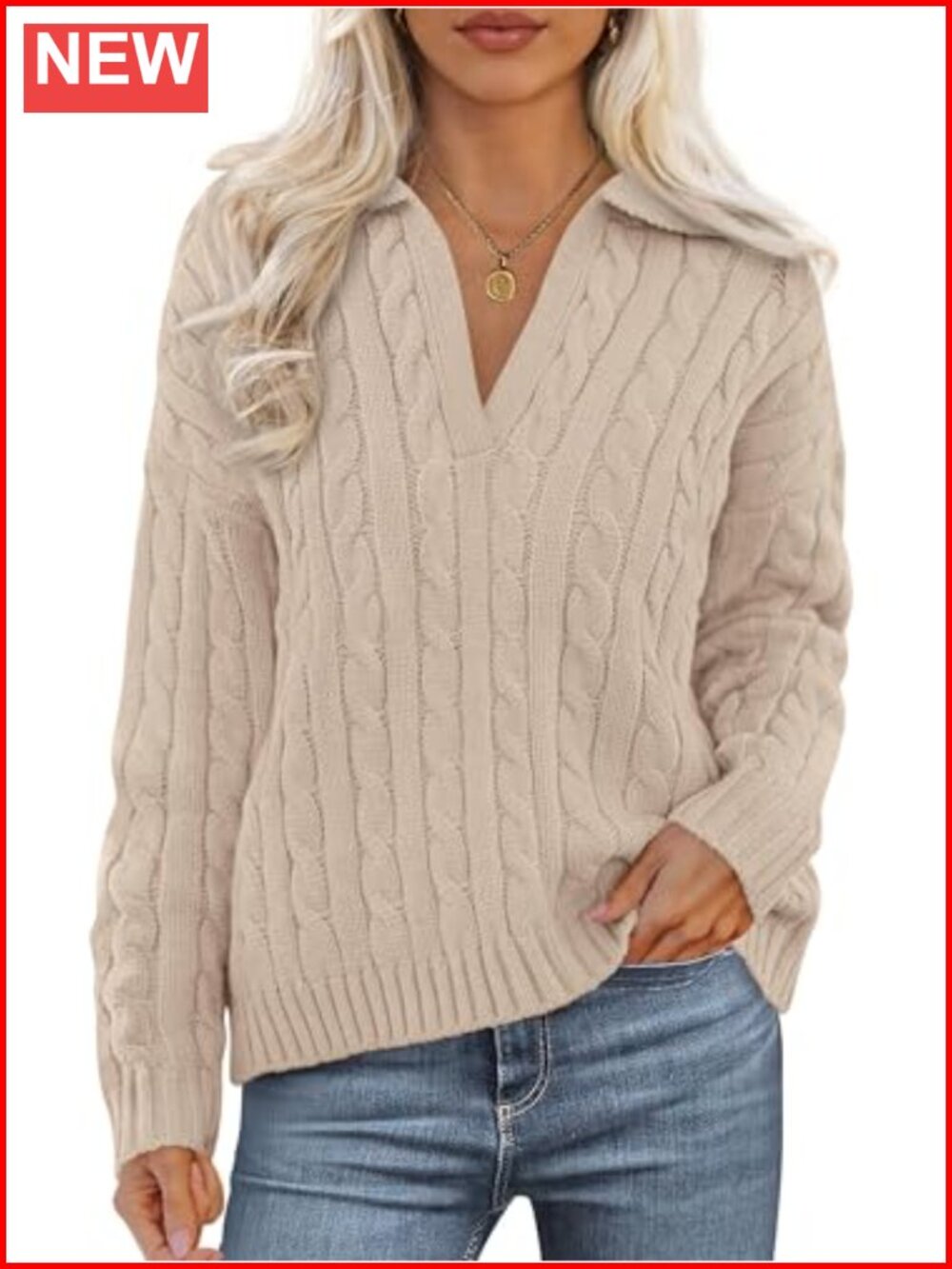 Womens Oversized Cable Knit V Neck Sweater Long Sleeve Pullover